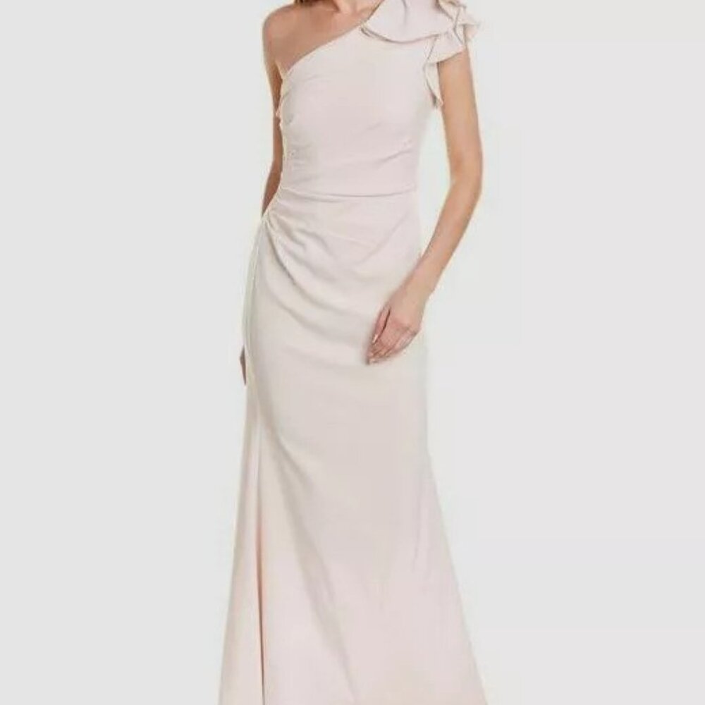 Carmen Marc Valvo Infusion - Size 8 - Blush One Shoulder Gown Ruffle Detail